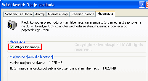 hibernacja, opcje zasilania