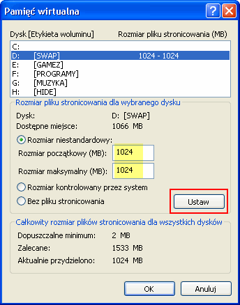 ustawienie pamięci wirtualnej, SWAP, pamięć wirtualna